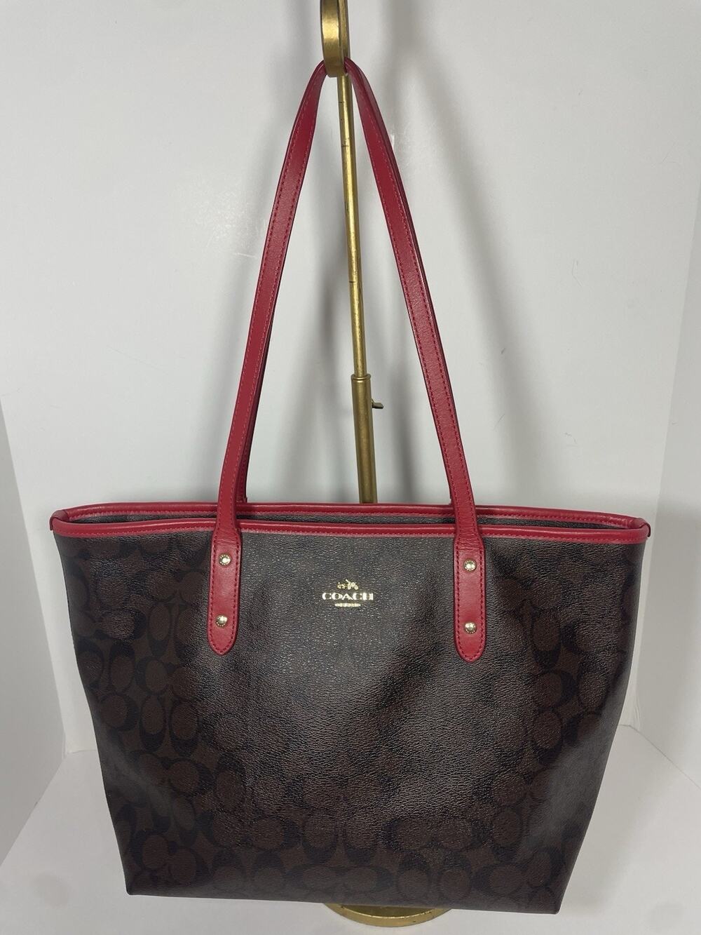 Coach City Tote in Signature Canvas Shoulder Bag Brown/Red 58292 Retail $350